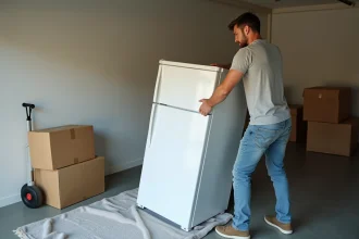 Homme couchant un réfrigérateur blanc sur le côté dans un garage avant un transport en voiture