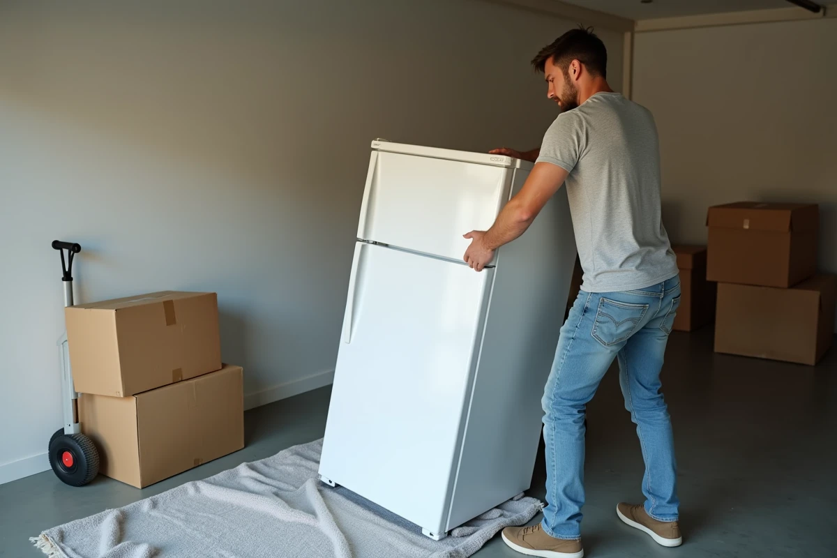 Homme couchant un réfrigérateur blanc sur le côté dans un garage avant un transport en voiture