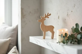 Décoration de Noël minimaliste en bois de bouleau représentant un renne, posée sur une étagère en marbre blanc dans un intérieur scandinave épuré