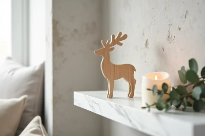 Décoration de Noël minimaliste en bois de bouleau représentant un renne, posée sur une étagère en marbre blanc dans un intérieur scandinave épuré