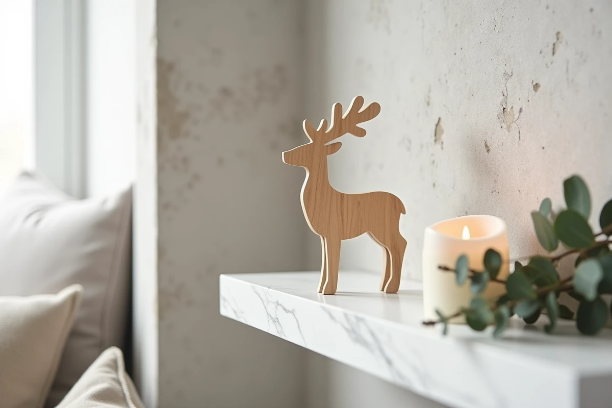 Décoration de Noël minimaliste en bois de bouleau représentant un renne, posée sur une étagère en marbre blanc dans un intérieur scandinave épuré