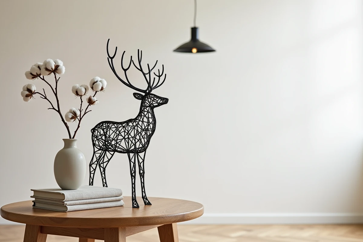 Sculpture de renne en fil de fer noir sur une table en chêne brut avec des accessoires de décoration minimaliste pour Noël