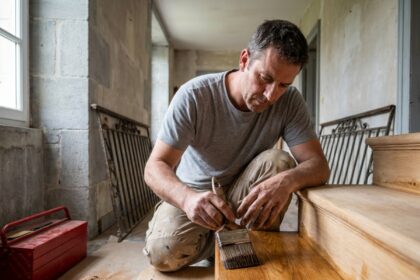 Artisan en train de poncer et teinter les marches en bois d'un escalier intérieur en cours de rénovation dans une maison ancienne