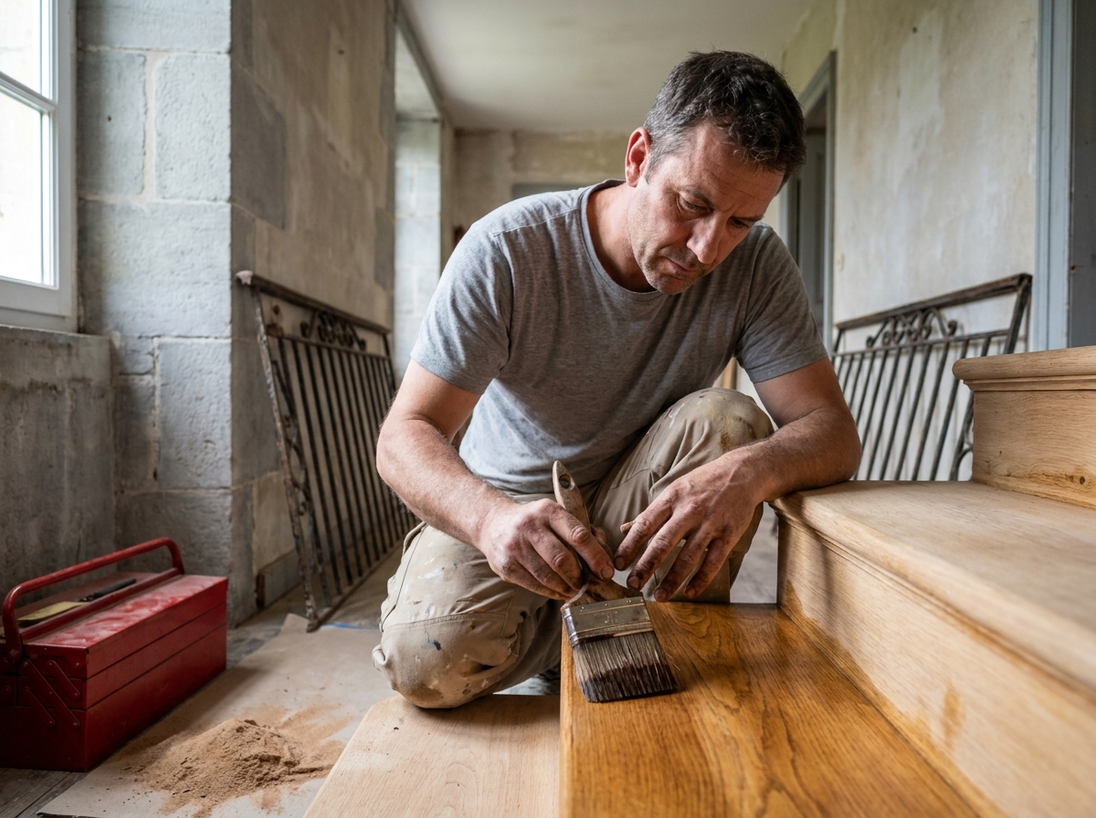 Artisan en train de poncer et teinter les marches en bois d'un escalier intérieur en cours de rénovation dans une maison ancienne