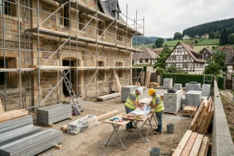 Chantier de rénovation dans le Grand Est avec des ouvriers et une bâtisse en pierre en cours de restauration