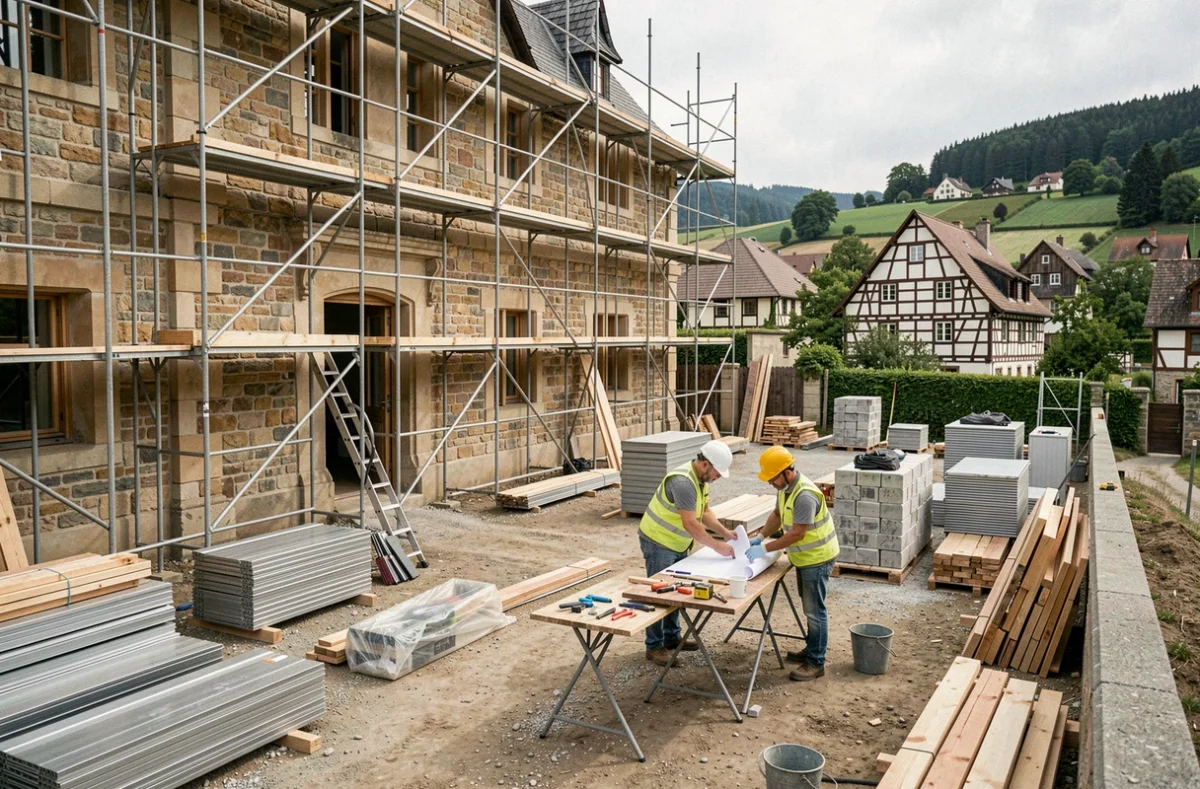Chantier de rénovation dans le Grand Est avec des ouvriers et une bâtisse en pierre en cours de restauration