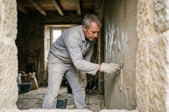Artisan appliquant un enduit à la chaux sur un mur en pierre de granite dans une maison bretonne en rénovation