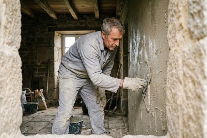 Artisan appliquant un enduit à la chaux sur un mur en pierre de granite dans une maison bretonne en rénovation