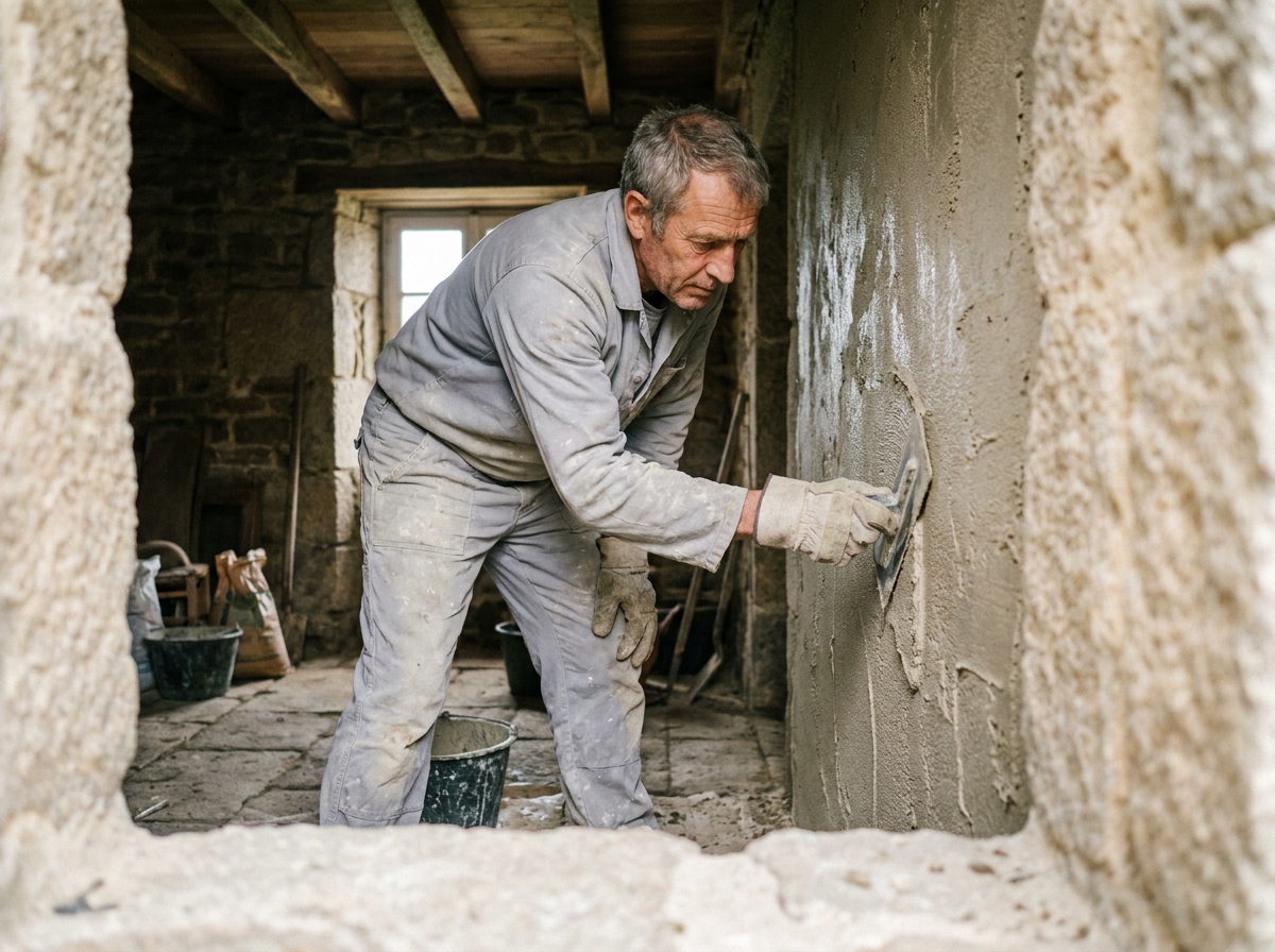 Artisan appliquant un enduit à la chaux sur un mur en pierre de granite dans une maison bretonne en rénovation