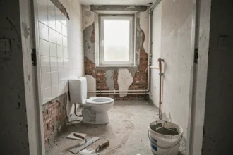 Salle de bain WC en cours de rénovation avec carrelage partiellement arraché et toilette déconnectée