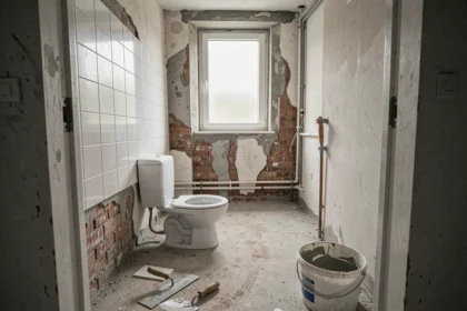 Salle de bain WC en cours de rénovation avec carrelage partiellement arraché et toilette déconnectée