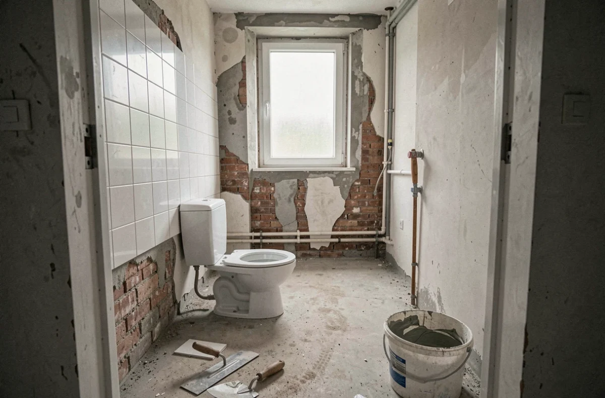 Salle de bain WC en cours de rénovation avec carrelage partiellement arraché et toilette déconnectée