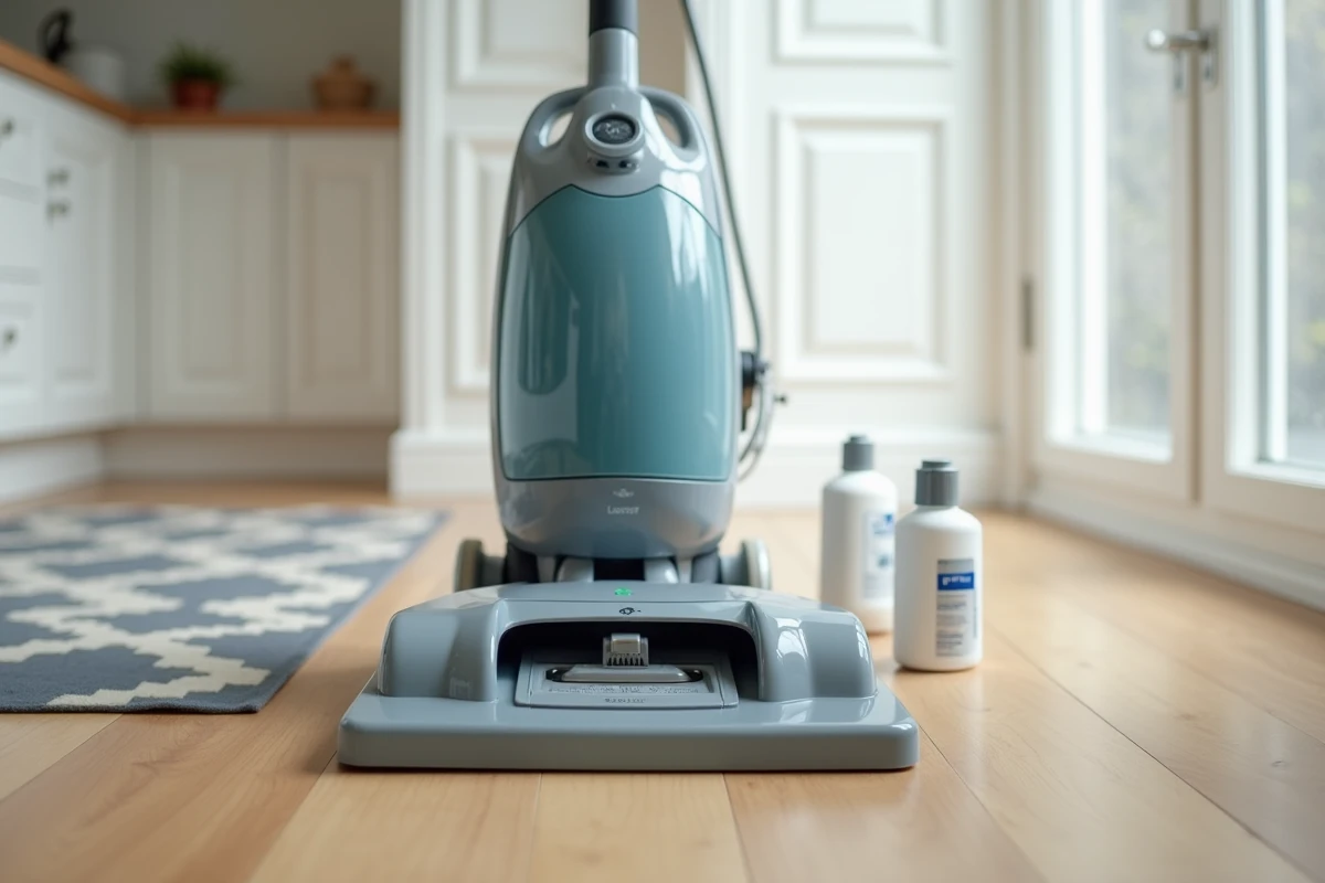 Réservoir d'une shampouineuse ouvert à côté d'une lessive classique et d'un nettoyant moquette spécifique sur parquet
