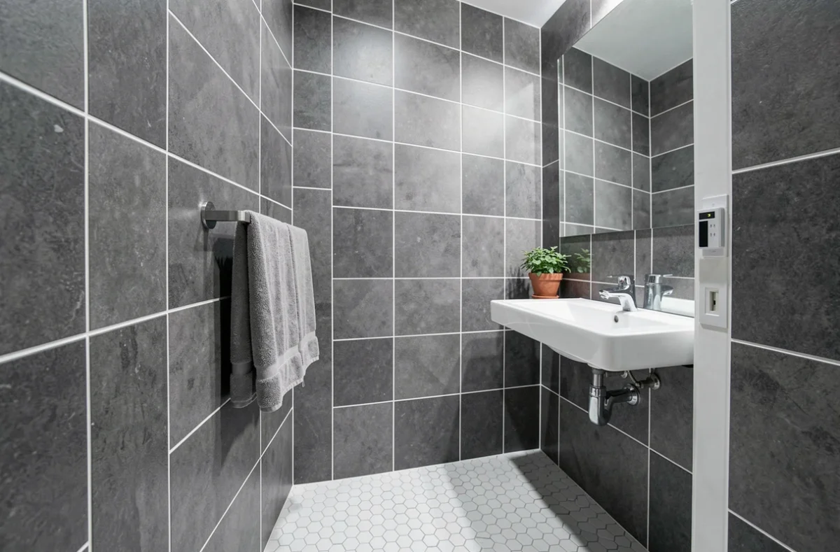 Salle de bain rénovée avec joints de carrelage refaits, propres et uniformes sur carreaux gris et blancs