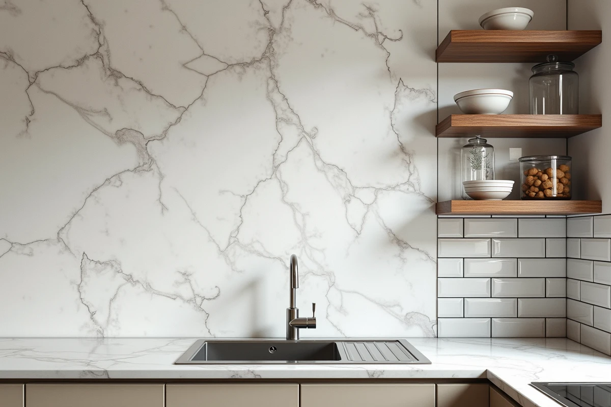 Mur de cuisine transformé avec un revêtement autocollant effet marbre grande surface couvrant un vieux plâtre abîmé