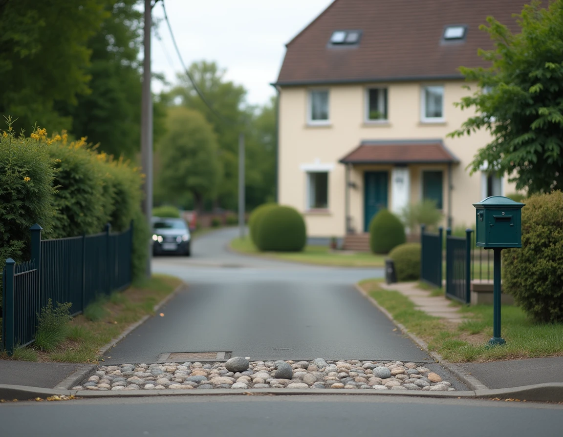 Vue d'une rue résidentielle française avec des cailloux disposés près d'une entrée de maison comme possible signal de cambrioleurs