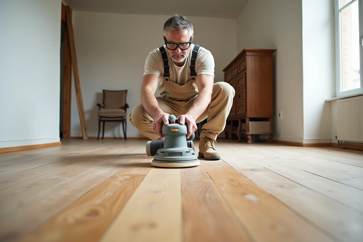 Artisan réalisant un sablage de parquet en bois massif dans un salon en cours de rénovation, contraste visible entre la zone poncée et la surface vernie