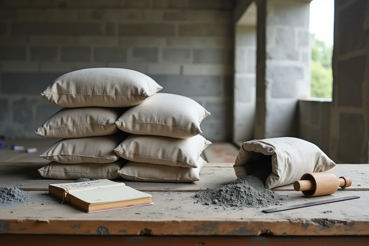 Sacs de ciment et outils de dosage posés sur un établi de chantier pour préparer du béton