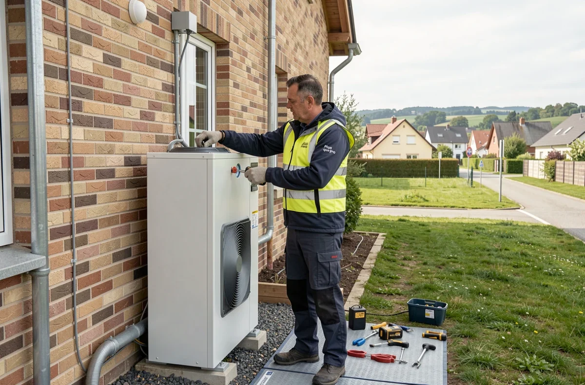Installateur Saint-Avold Chauffage et Climatisation Plus que pro posant une pompe à chaleur