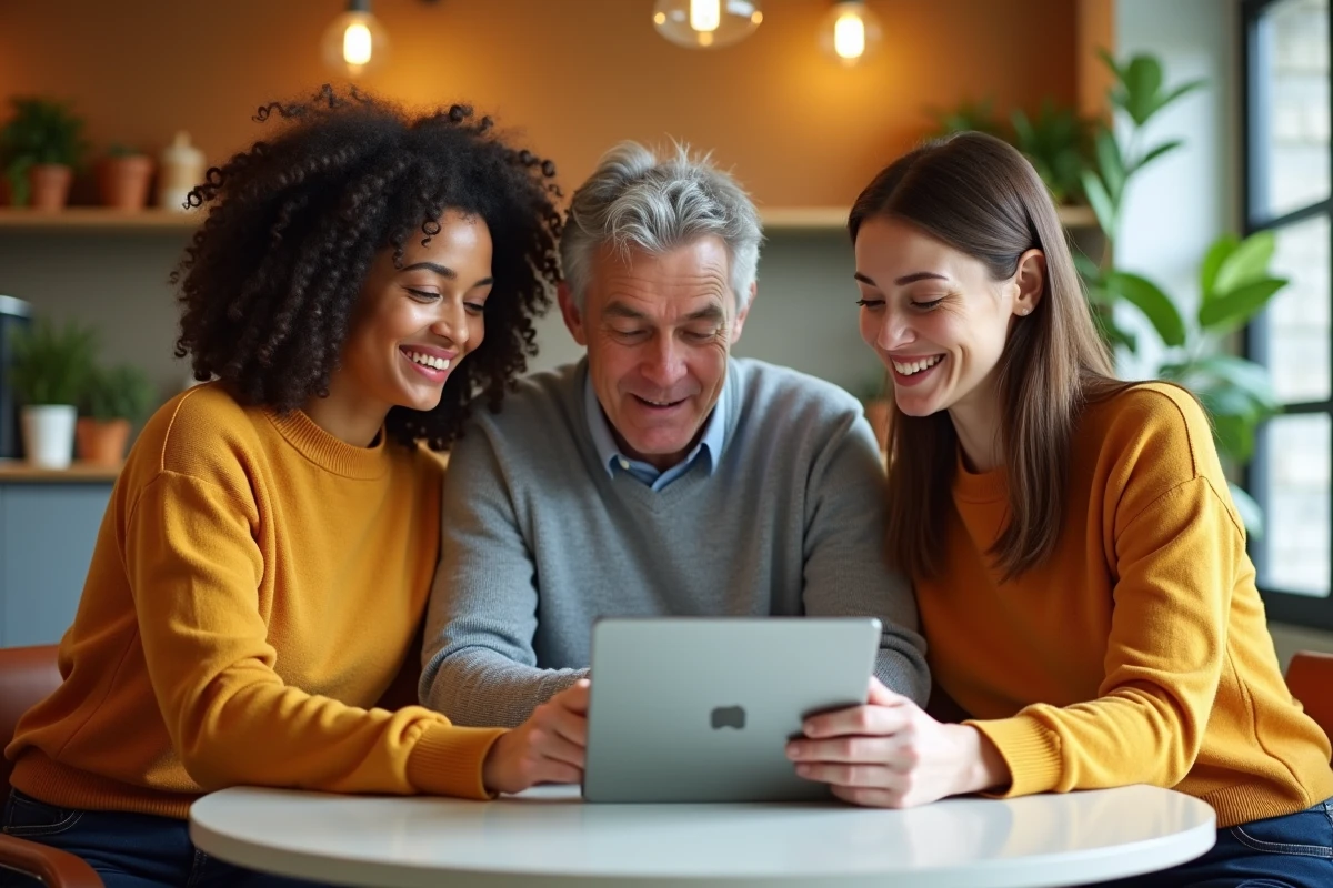 Salariés de Maisons du Monde discutant des avantages du CSE autour d'une tablette dans une salle de pause