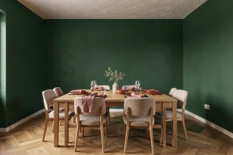 Salle à manger moderne avec mur vert forêt, vaisselle terracotta et mobilier en chêne naturel pour une association de couleurs harmonieuse