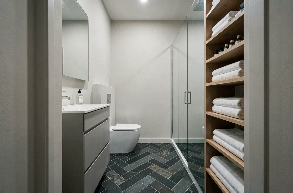 Salle de bain rectangulaire étroite de 10m2 avec agencement linéaire douche WC et vasque