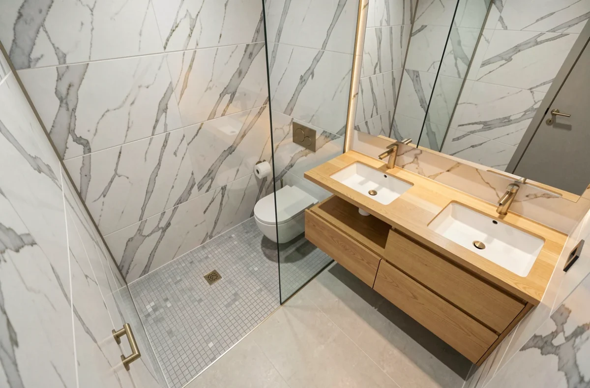 Vue aérienne d'une salle de bain 10m2 rectangulaire avec double vasque et douche à l'italienne en marbre