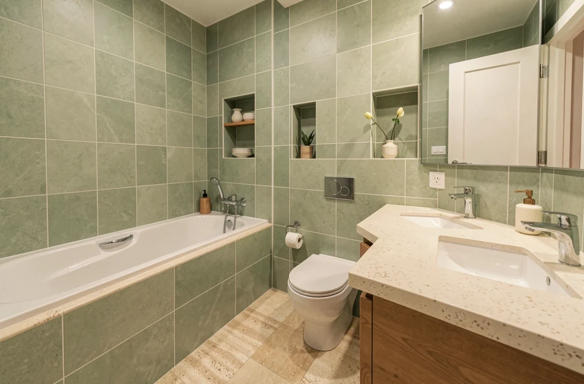 Salle de bain familiale rectangulaire 10m2 avec baignoire encastrée double vasque et WC optimisés
