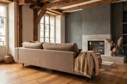 Salon contemporain et chaleureux dans un appartement strasbourgeois avec parquet en chêne, canapé en lin et cheminée en béton brut