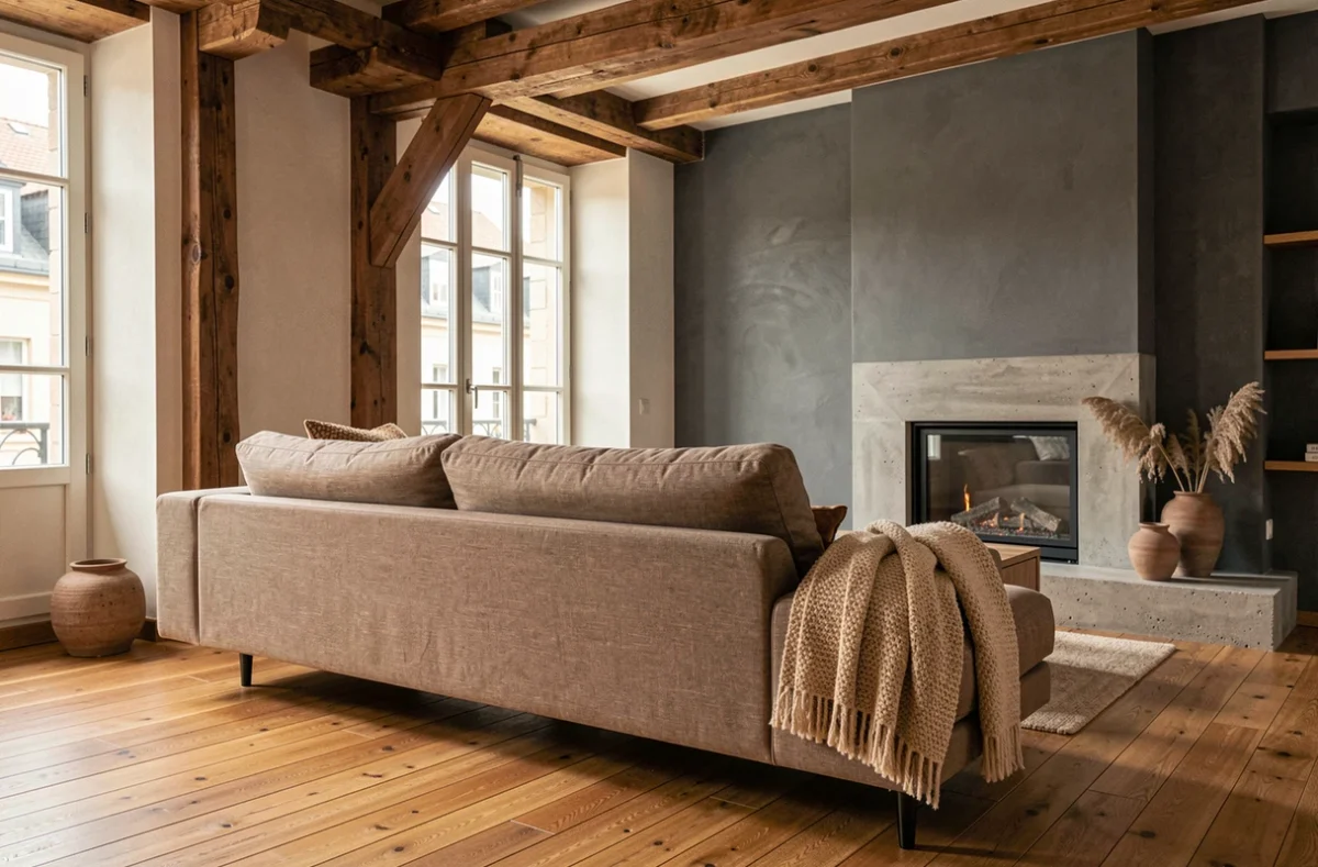 Salon contemporain et chaleureux dans un appartement strasbourgeois avec parquet en chêne, canapé en lin et cheminée en béton brut