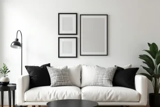 Salon noir et blanc décoré à petit budget avec canapé blanc, coussins géométriques et galerie de cadres noirs