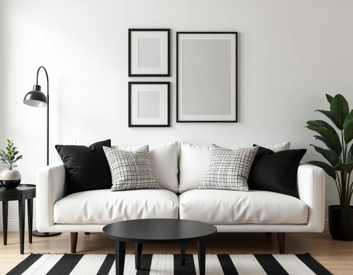 Salon noir et blanc décoré à petit budget avec canapé blanc, coussins géométriques et galerie de cadres noirs