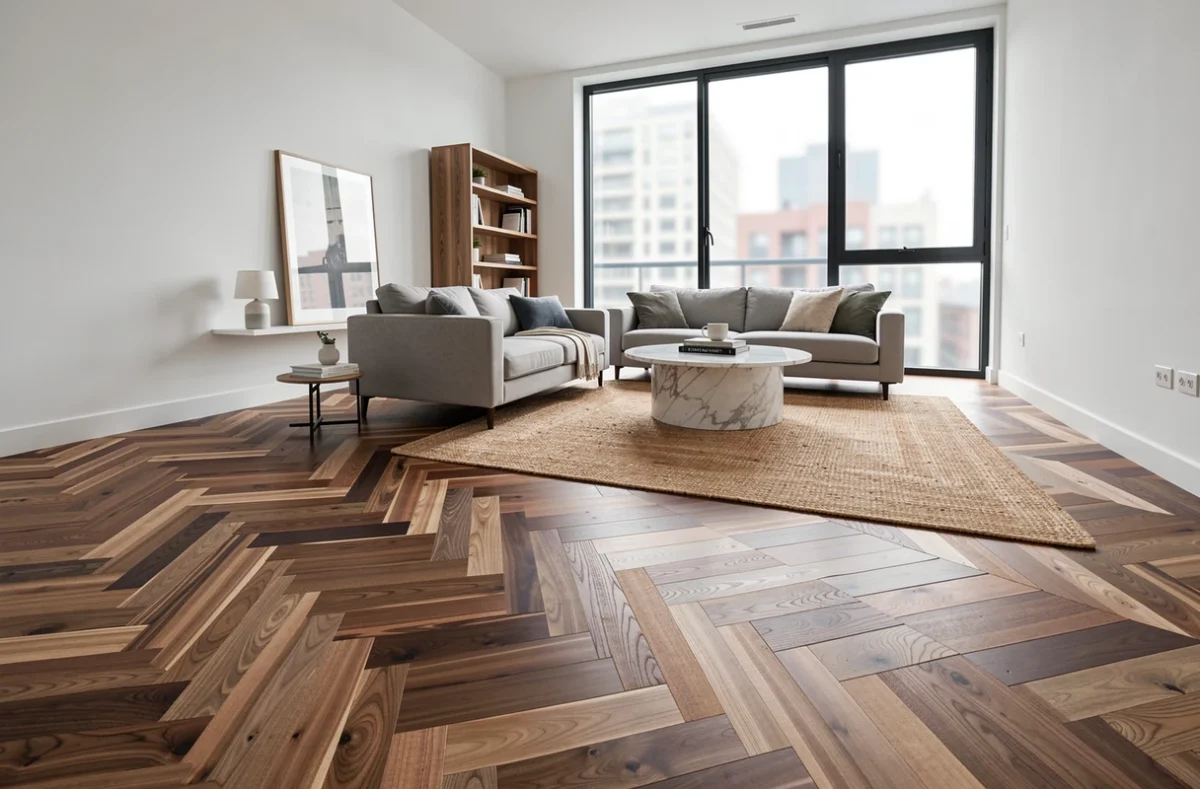 Salon moderne avec parquet en chevron noyer posé et finition soignée