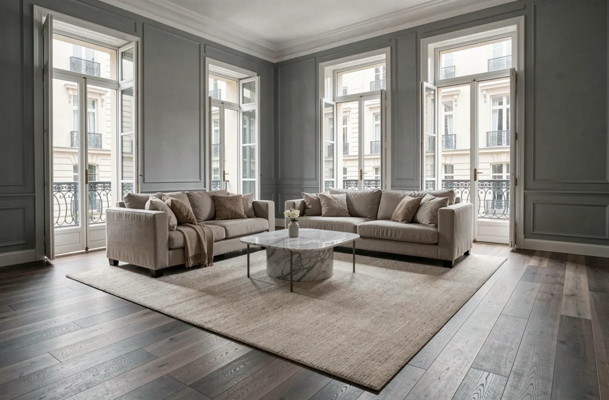 Salon haussmannien élégant avec parquet massif en chêne fumé large lame, canapé en lin et table basse en marbre, ambiance intérieure contemporaine