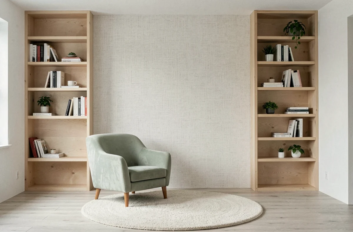 Salon scandinave avec un pan de mur en papier peint texturé lin écru, étagères en bouleau et fauteuil vert sauge