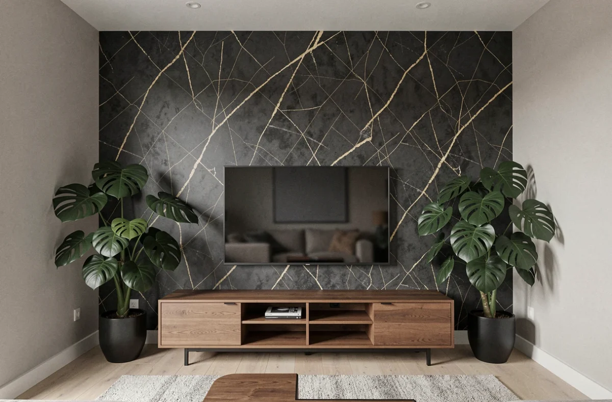 Salon urbain chic avec un pan de mur en papier peint marbré anthracite et or, meuble TV en chêne fumé et plantes tropicales