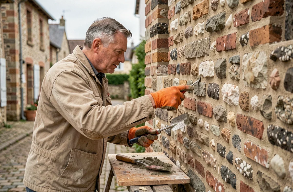 Maçon de SAS Bati KV Maçonnerie travaillant sur un mur en brique et silex normand