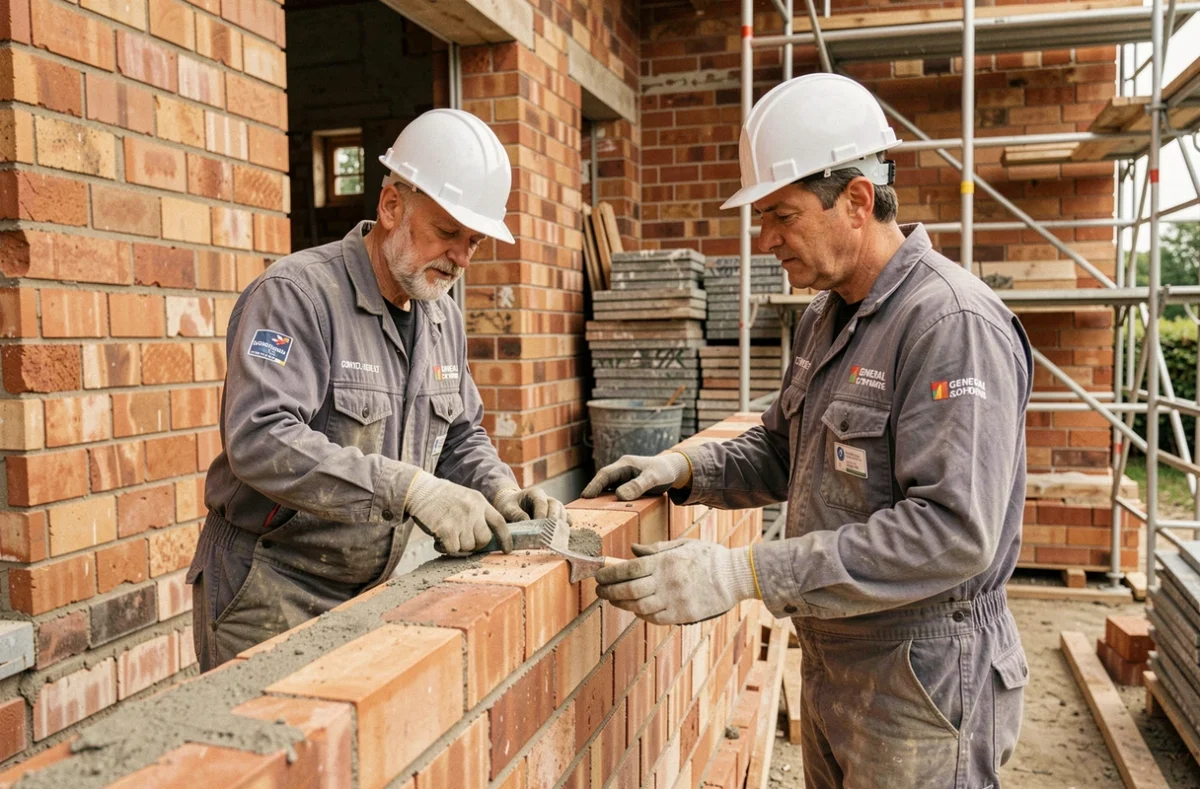 Équipe de SCAB Bâtiment inspectant un mur en maçonnerie sur un chantier de rénovation résidentielle