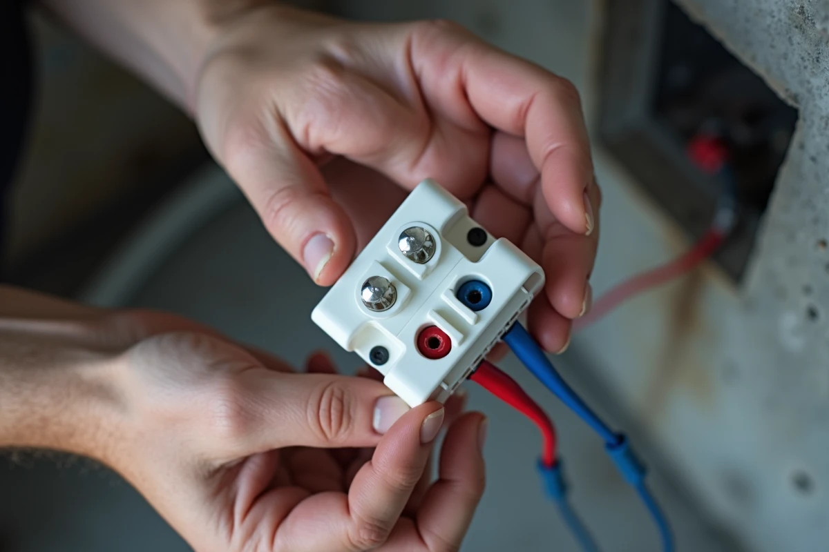 Gros plan sur des mains serrant les vis d'un domino électrique avec un tournevis plat