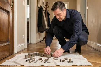 Serrurier inspectant les composants démontés d'un mécanisme de serrure de porte intérieure sur le sol d'un couloir d'appartement