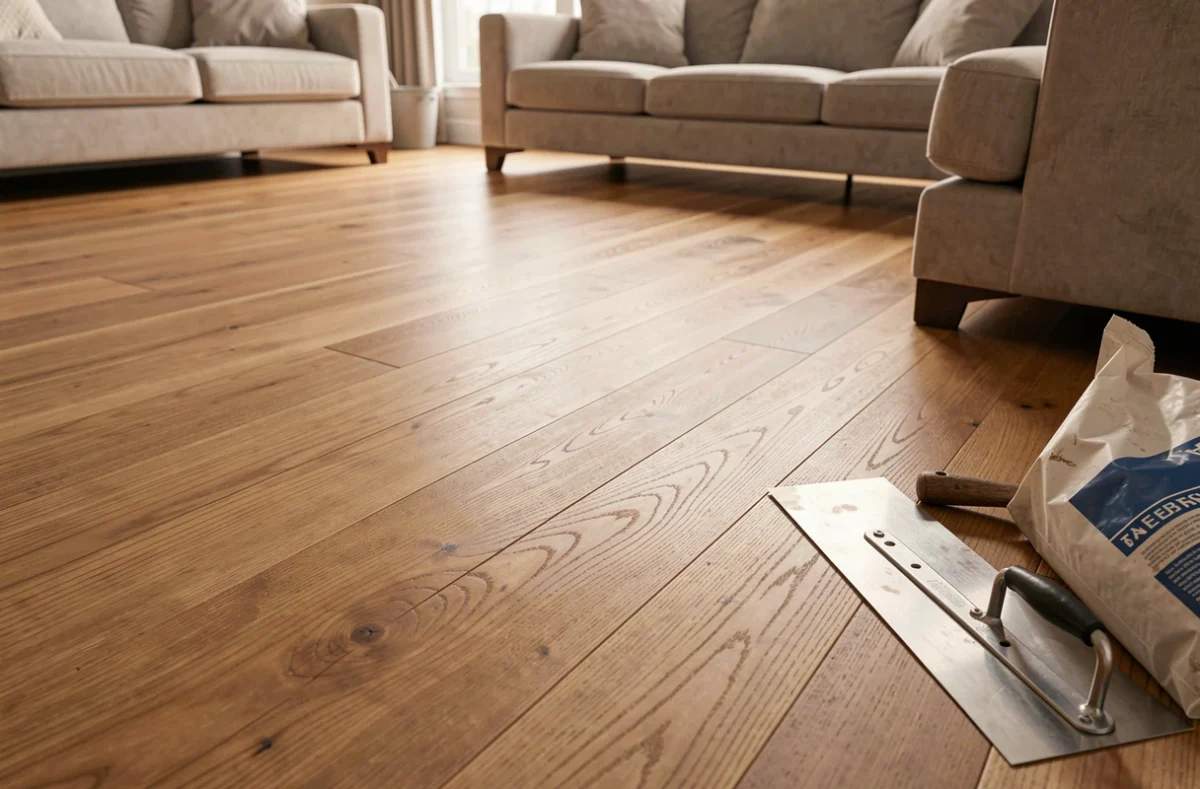 Sol en bois après ragréage réussi avec outils de rénovation visibles, résultat économique et qualitatif