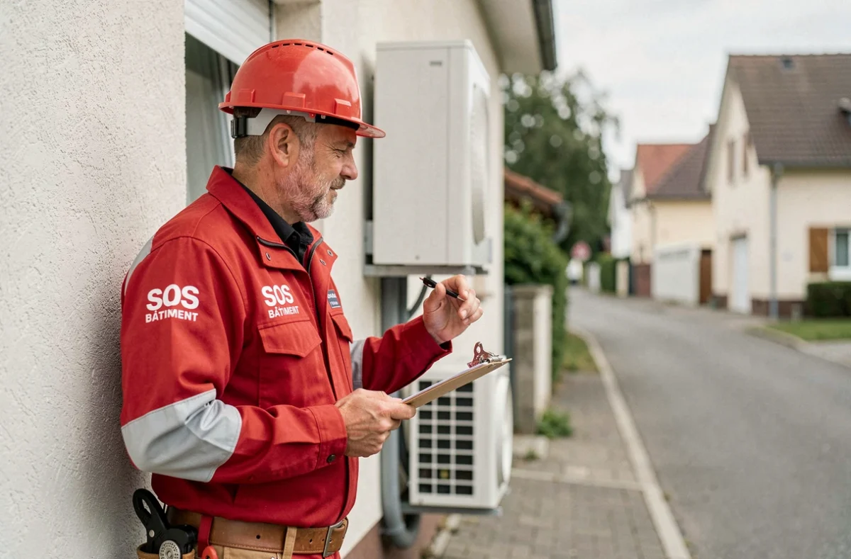 Technicien SOS Bâtiment inspectant une pompe à chaleur sur une maison en Moselle
