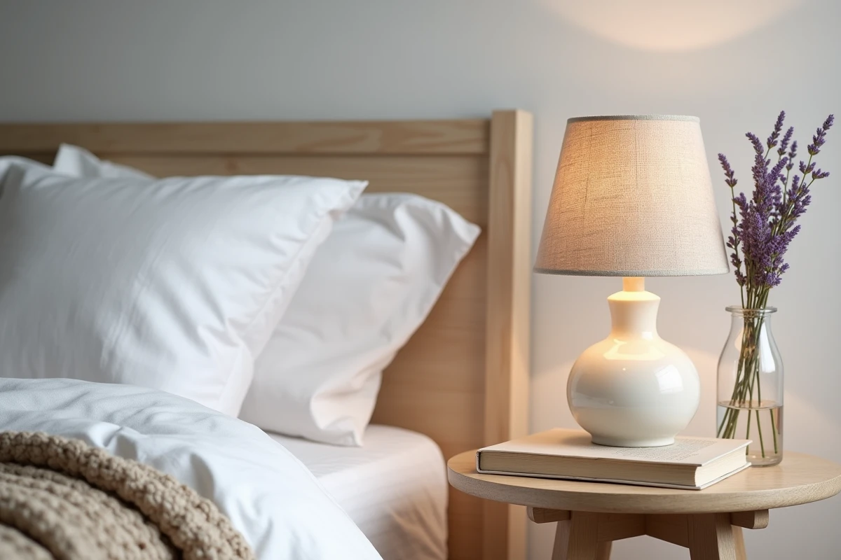 Table de chevet minimaliste avec lampe en lin blanc chaud dans une chambre apaisante aux tons naturels et textures douces