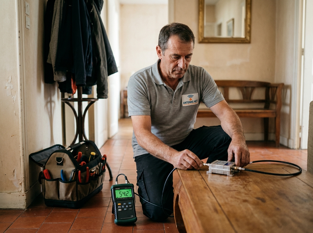 Technicien antenniste vérifiant le signal TV avec un amplificateur et un mesureur de signal dans un appartement