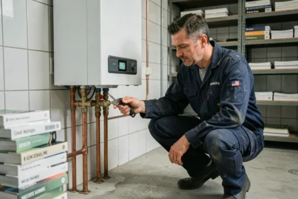 Technicien inspectant une chaudière gaz à condensation lors d'un remplacement dans une chaufferie résidentielle