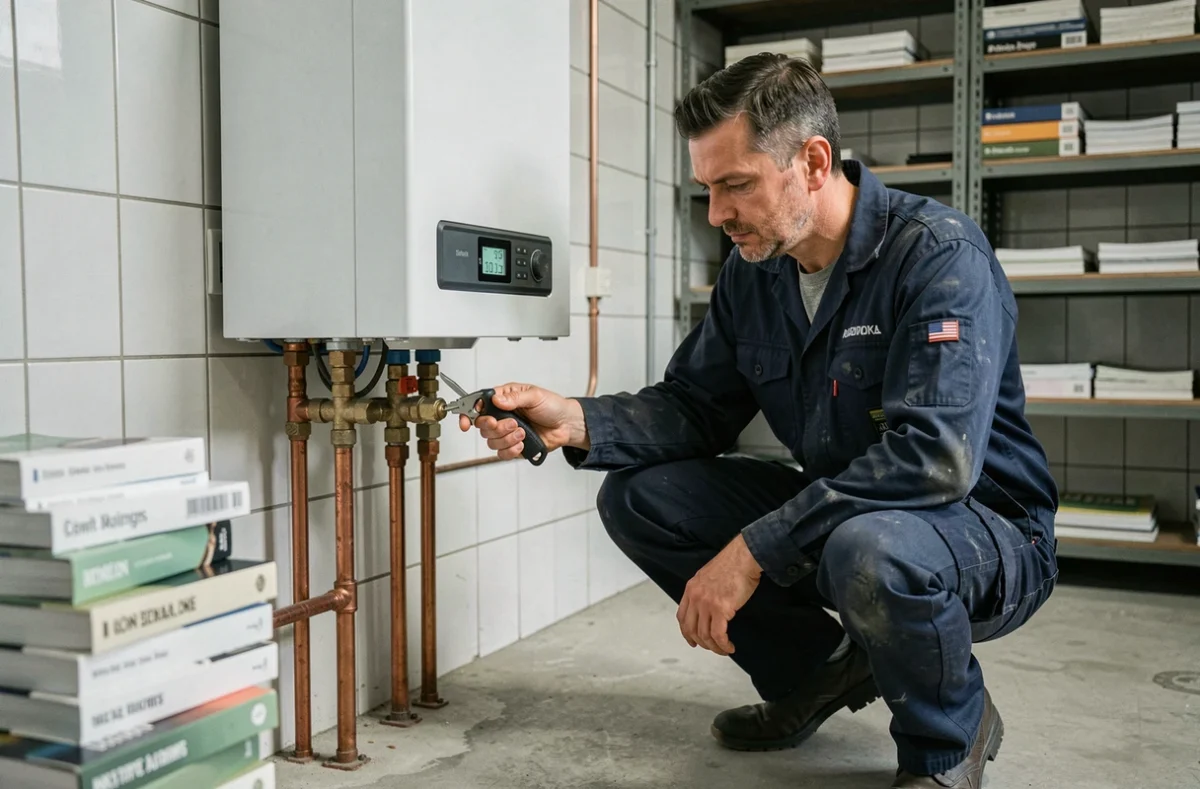 Technicien inspectant une chaudière gaz à condensation lors d'un remplacement dans une chaufferie résidentielle