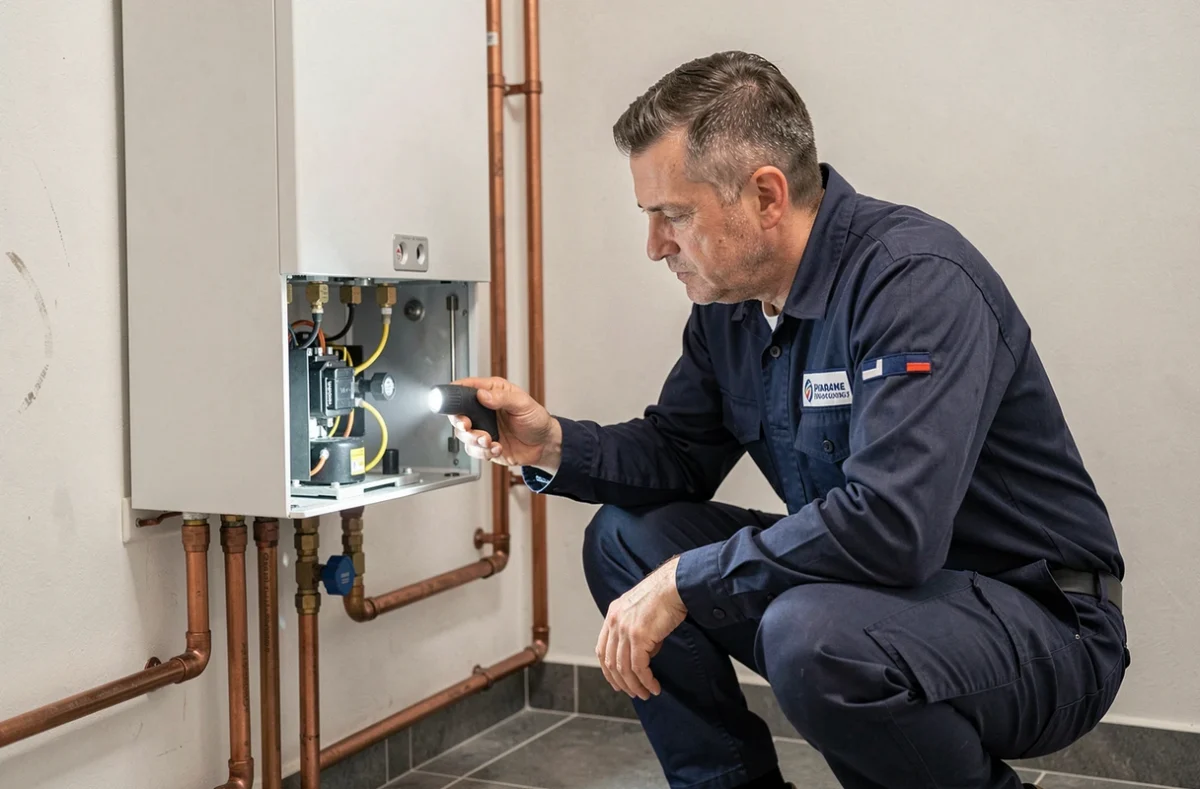Technicien en uniforme inspectant une chaudière gaz murale lors d'un entretien annuel dans une buanderie moderne