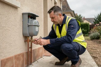 Technicien gazier inspectant un compteur de gaz extérieur sur une maison individuelle selon les normes de raccordement
