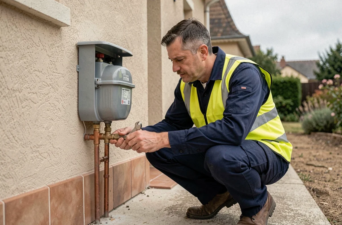 Technicien gazier inspectant un compteur de gaz extérieur sur une maison individuelle selon les normes de raccordement