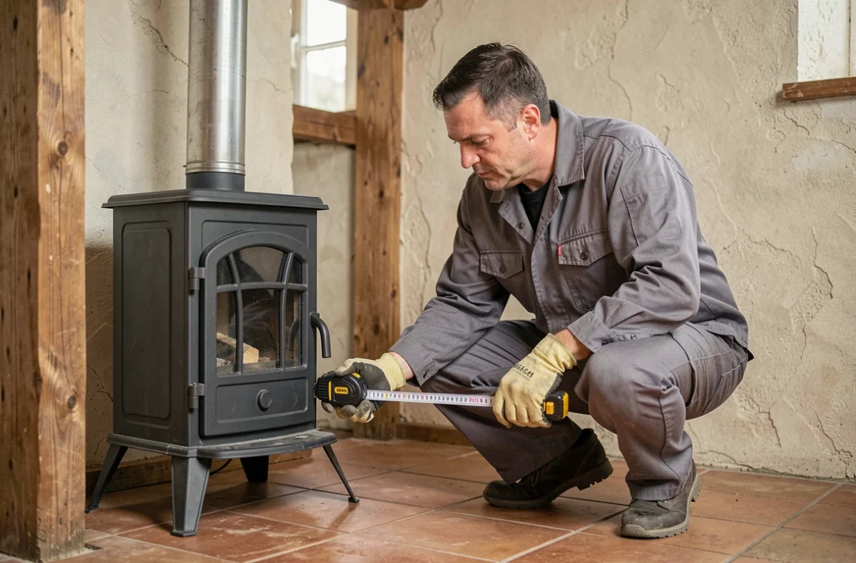 Technicien mesurant la distance de sécurité entre un poêle à bois et une cloison en bois lors d'une installation